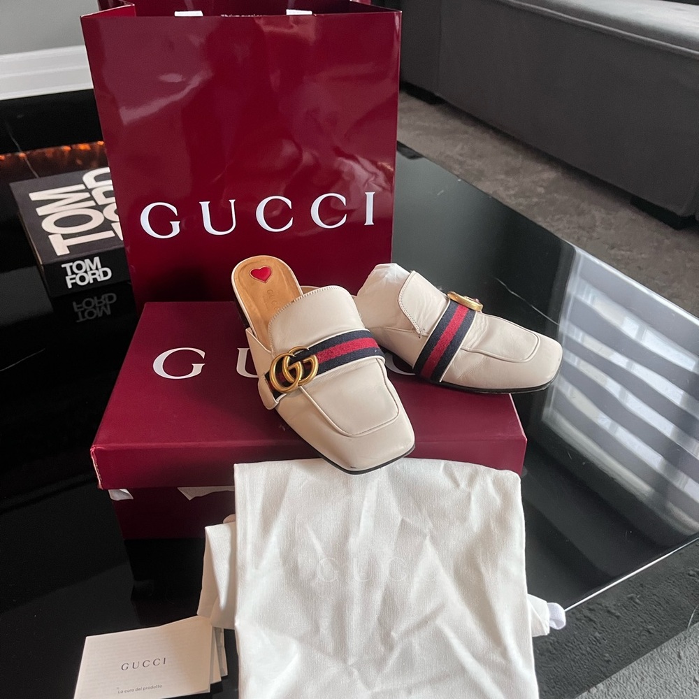 Gucci Women's Tan Mules with Red Heart Accent